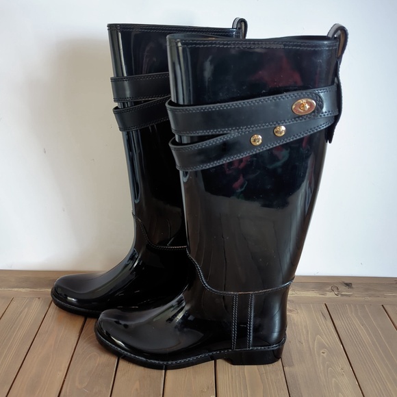 Coach Women’s Tall Shiny Black Rain Boots SZ 7 - Picture 5 of 15